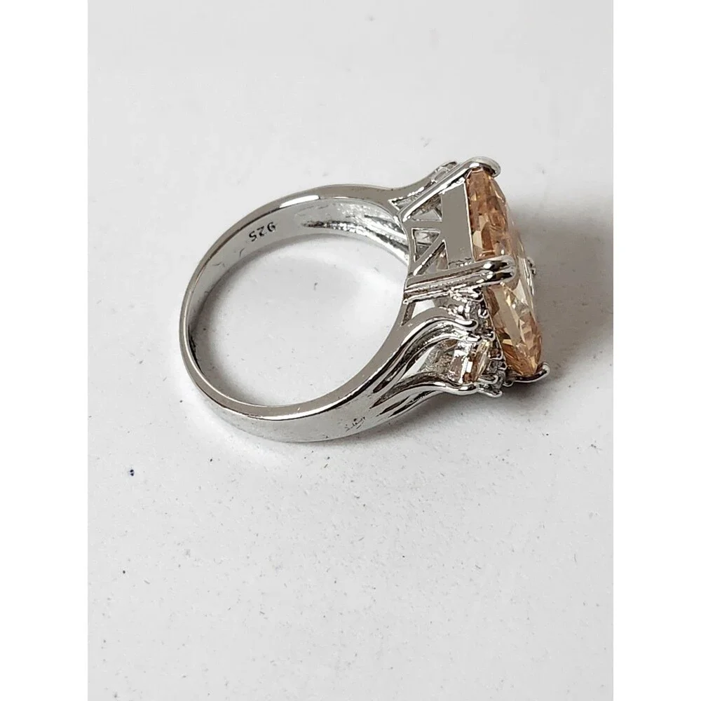 925 Sterling Silver Emerald Cut Champagne Cubic Zirconia Size 9 Ring